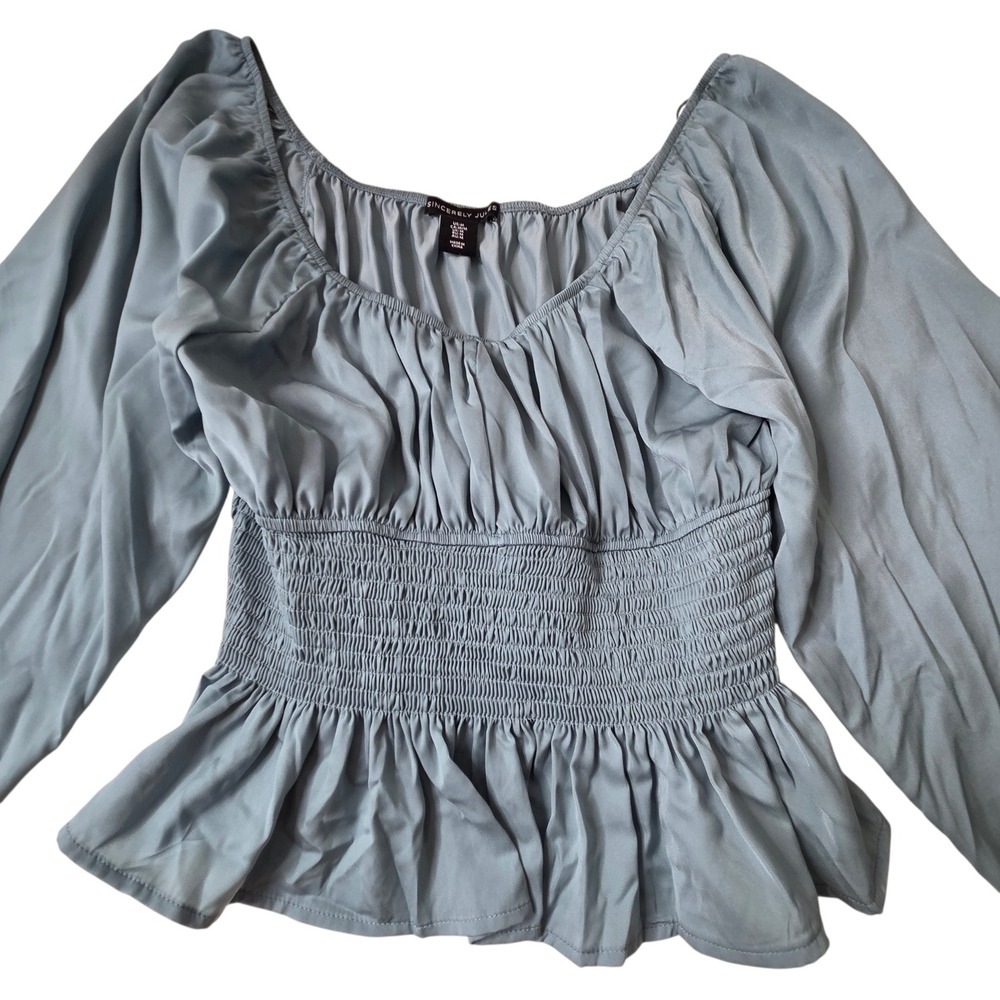 Sincerely Jules Womens Blue Smocked Peplum Blouse Size M Peasant Regency Fairy
